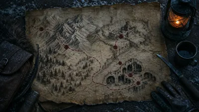 Eine markierte Kampagnenroute über eine dunkle Karte des Nordens