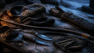 Weapons, armor plates, and rune stones arranged on a cold war table