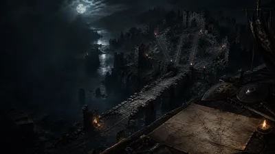 Moonlit ruined river fortress with three gold-marked defensive lanes on a dark war table